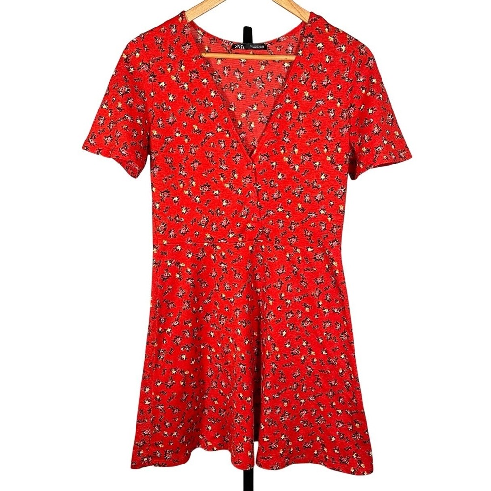 Zara Medium Mini Dress Floral Fit‎ And Flare V Neck Short Sleeve Skater Boho Red
